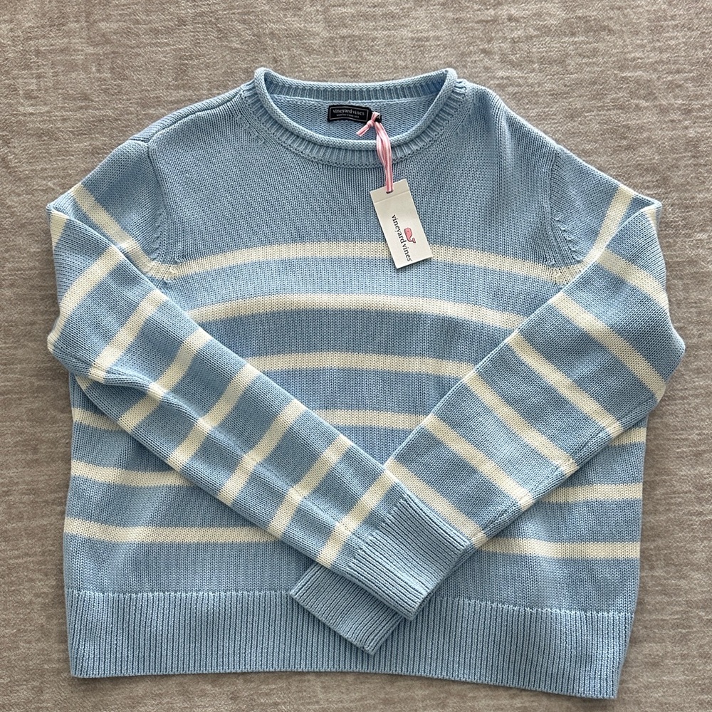 Vineyard Vines Light Blue and Cream Striped Rollneck Sweater